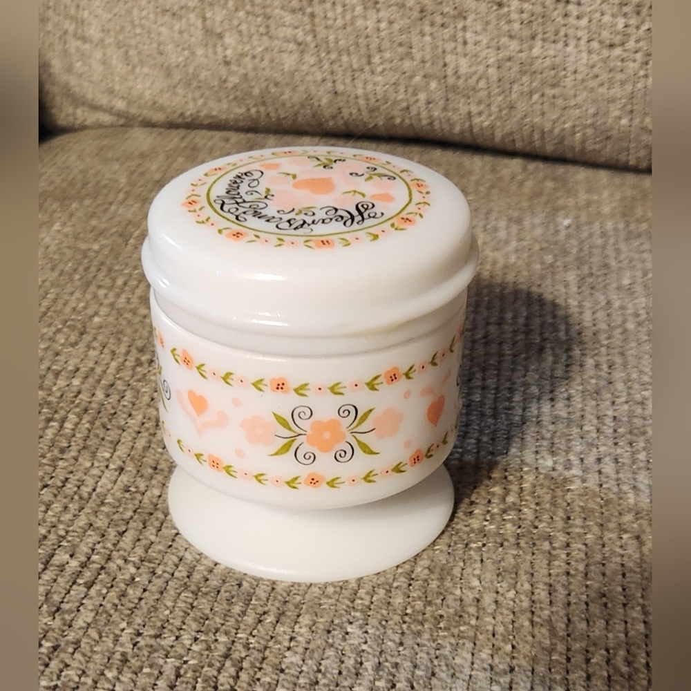 Vintage Avon "Hearts and Flowers" milk glass jar